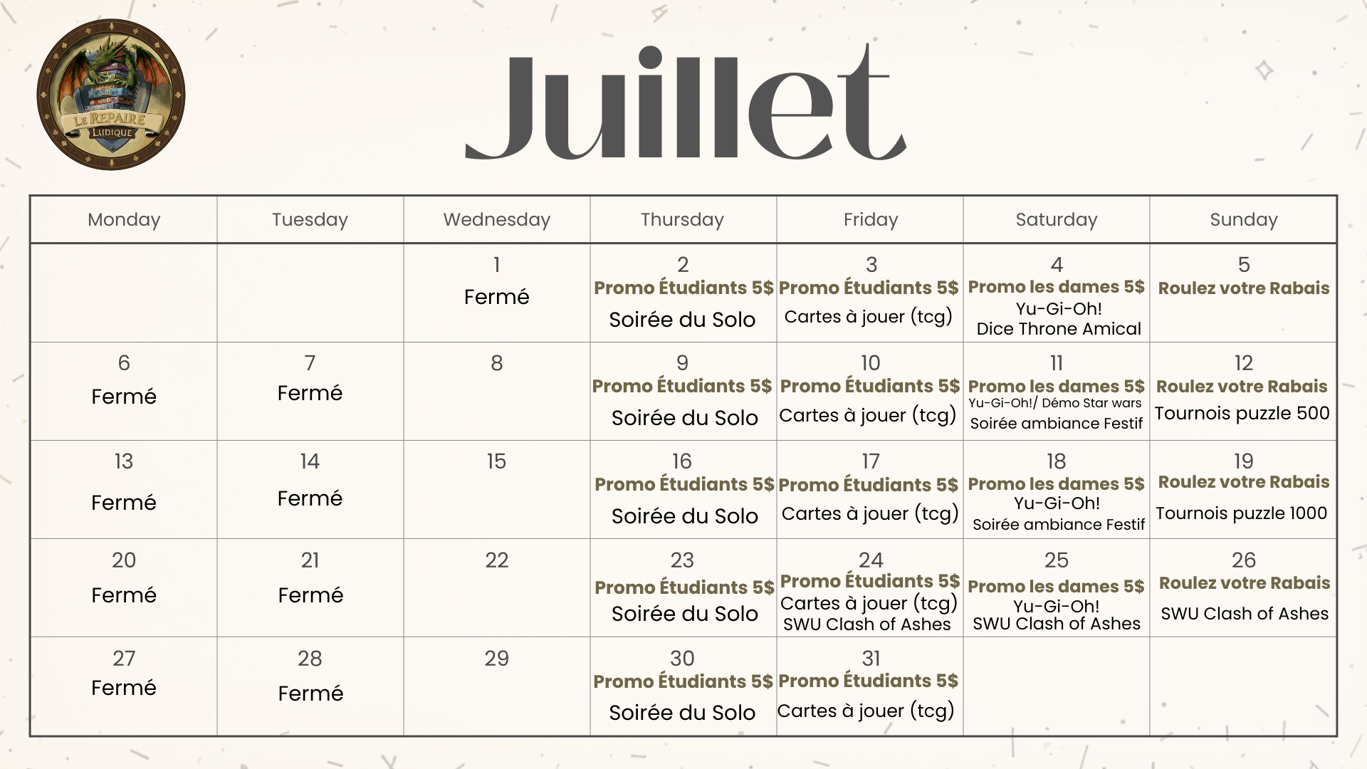 Calendrier des événements de Juillet 2026 - Le Repaire Ludique